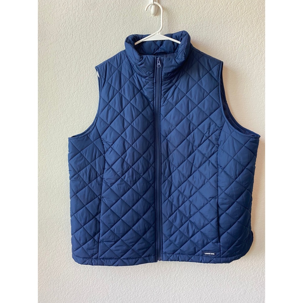 Lands End Womens Diamond Quilted Zip Up Vest Size 2X Blue Classic Preppy Sporty